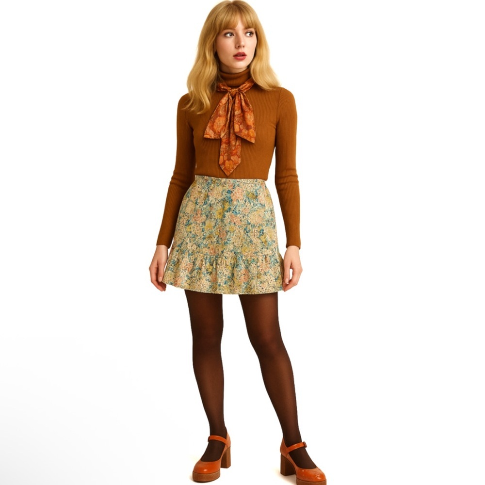 Vintage/Boho 70s-Inspired Embroidered Floral Mini Skirt Solitaire Size XL